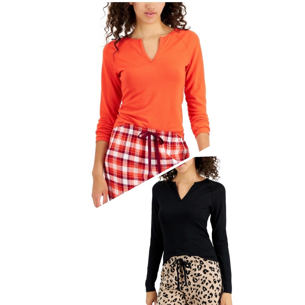 Jenni Women's Split-Neck Pajama Top Bundle of 2 - Orange‎ - Black - Size XS